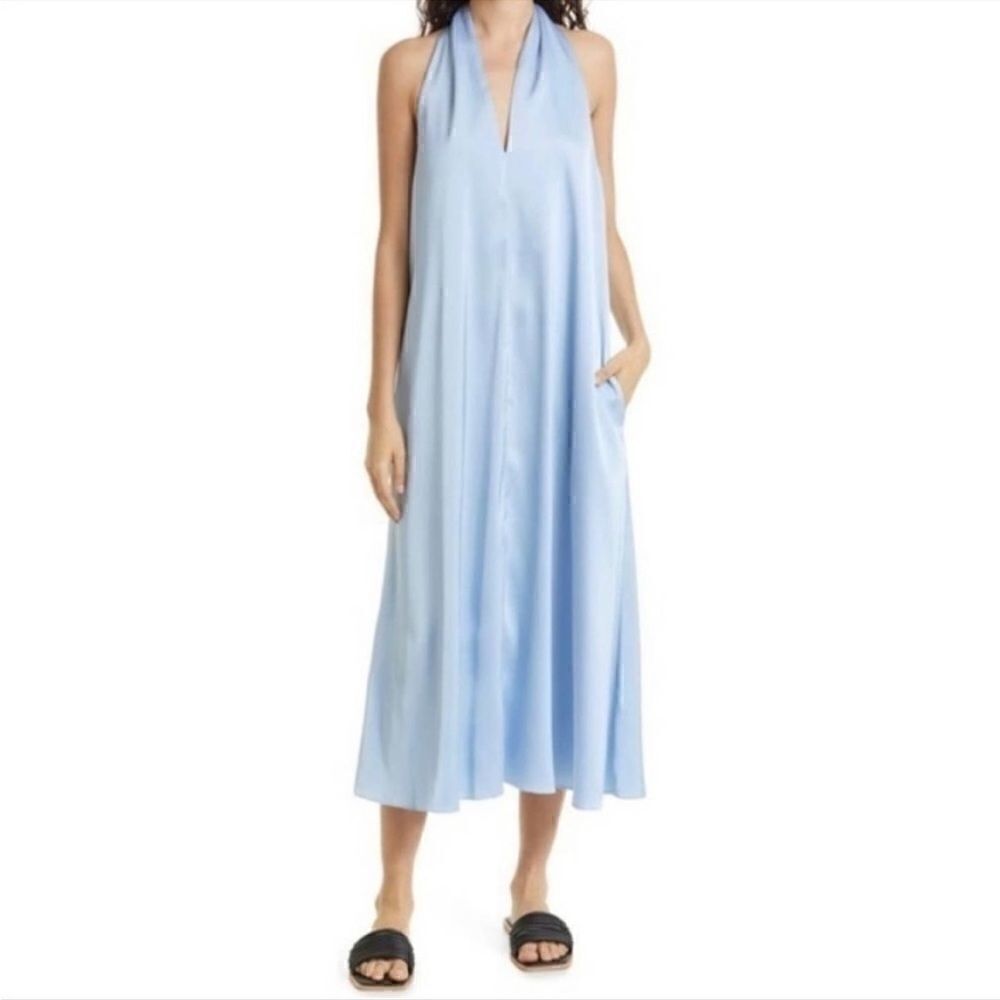 NWT Samsoe Serenity 13096 Cille Satin Dress in Light Blue Size Large